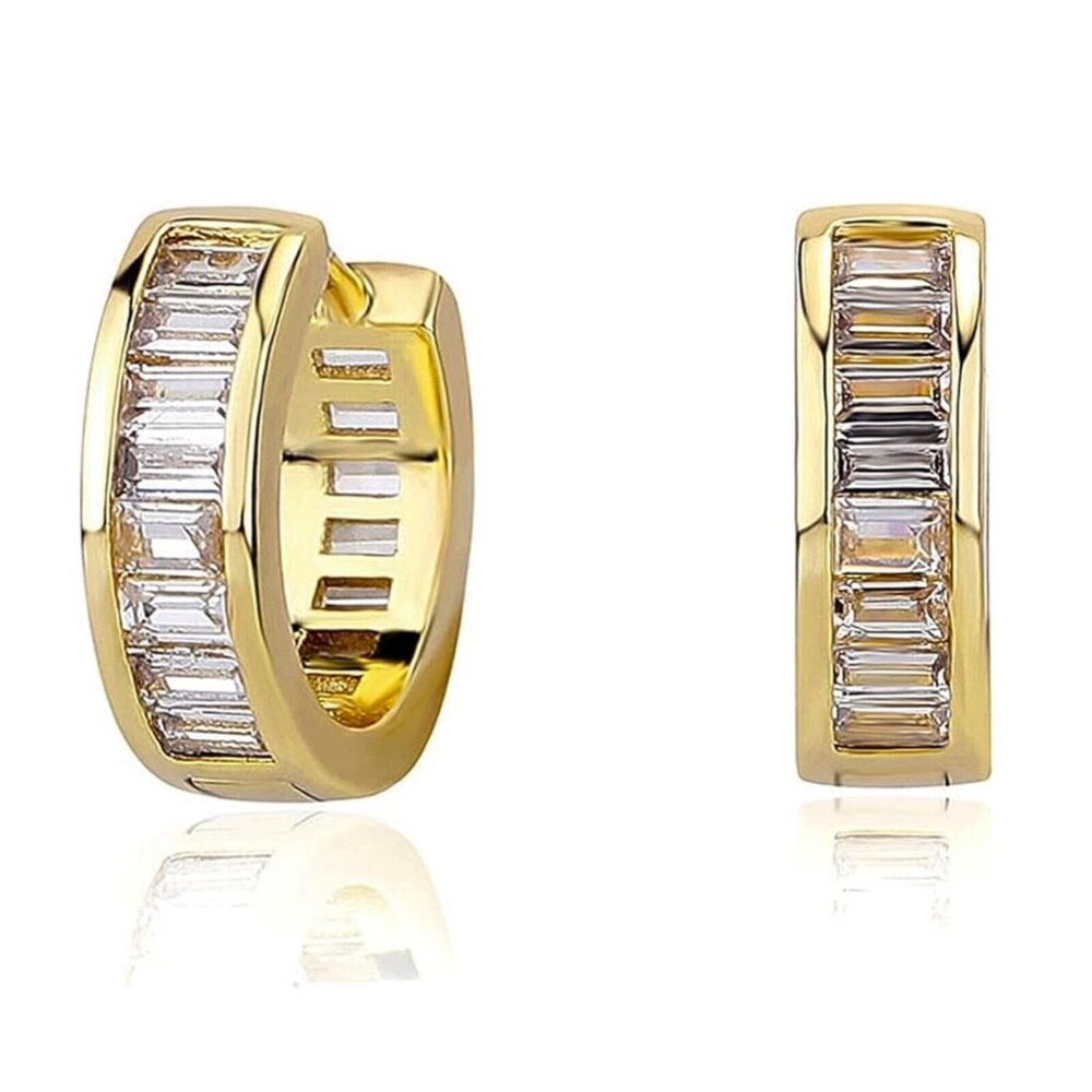 Men's 14K Gold 925 Sterling Silver Iced Channel Set Cz Baguette Hoop Earrings